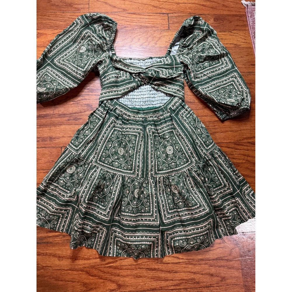 OPOMNIA Harper Mini Dress Green Bandana Print  Tiered Mini Dress small
